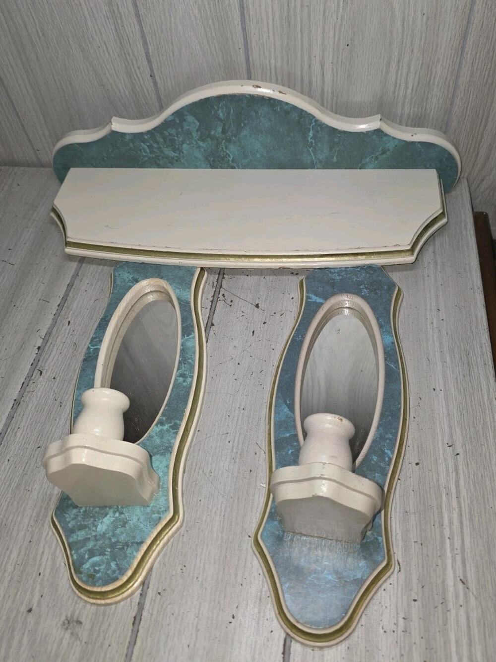 Vintage Mirrored Sconces & Shelf Marbled Green White Scalloped Heritage MCM